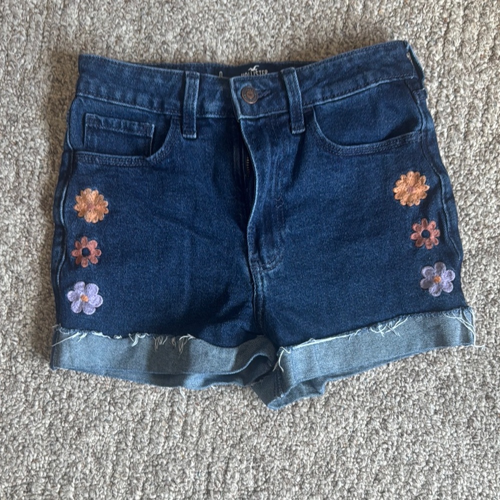 Hollister Dark Blue Jean Shorts with Floral Embroidery
